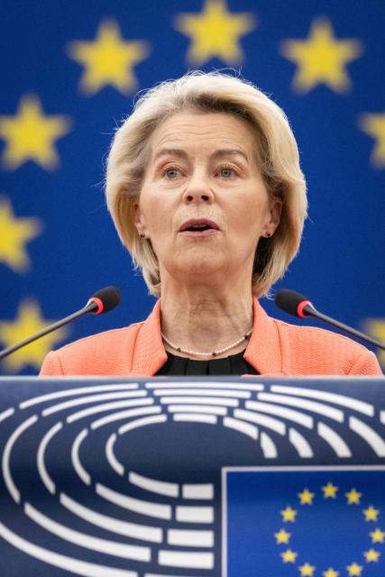 European Commission President Ursula von der Leyen delivers a speech during a plenary session at the Strasbourg European Parliament, in Strasbourg, northeastern France, on May 20, 2026. (Photo by SEBASTIEN BOZON / AFP)