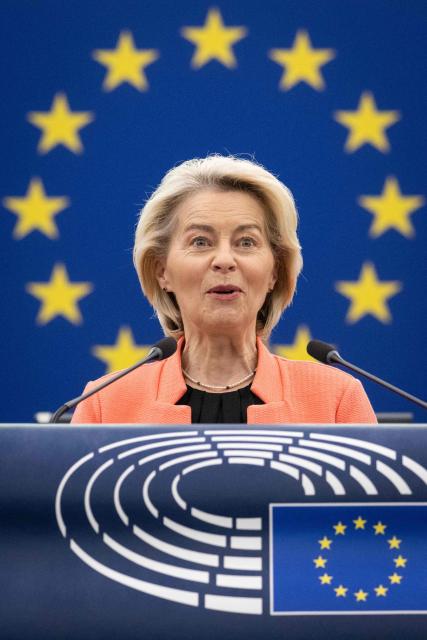 European Commission President Ursula von der Leyen delivers a speech during a plenary session at the Strasbourg European Parliament, in Strasbourg, northeastern France, on May 20, 2026. (Photo by SEBASTIEN BOZON / AFP)