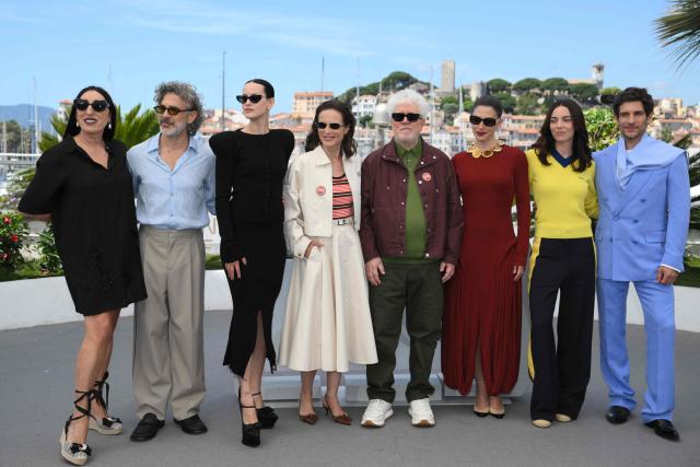 (From L) Spanish actress Rossy De Palma, Argentinian actor Leonardo Sbaraglia, Spanish actress Milena Smit, Spanish and italian actress Aitana Sanchez-Gijon, Spanish film director Pedro Almodovar, Spanish actress Barbara Lennie, Spanish actress Victoria Luengo and Spanish actor Quim Gutierrez pose during a photocall of the film "Amarga Navidad" (Bitter Christmas) at the 79th edition of the Cannes Film Festival in Cannes, southern France on May 20, 2026. (Photo by Olivier CHASSIGNOLE / AFP)