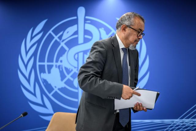 WHO Director-General Tedros Adhanom Ghebreyesus leaves a press conference on Ebola outbreak in Democratic Republic of Congo and Uganda, in Geneva, on May 20, 2026. The spread of Ebola in the Democratic Republic of Congo means the outbreak likely began a few months ago, the WHO said on May 20, 2026. (Photo by Fabrice COFFRINI / AFP)