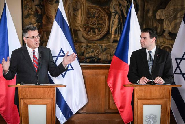 Czech Republic’s Foreign Minister Petr Macinka (R) and his Israeli counterpart Gideon Saar address a joint press conference on May 20, 2026 in Prague, Czech Republic. (Photo by Michal Cizek / AFP)