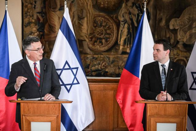 Czech Republic’s Foreign Minister Petr Macinka (R) and his Israeli counterpart Gideon Saar address a joint press conference on May 20, 2026 in Prague, Czech Republic. (Photo by Michal Cizek / AFP)