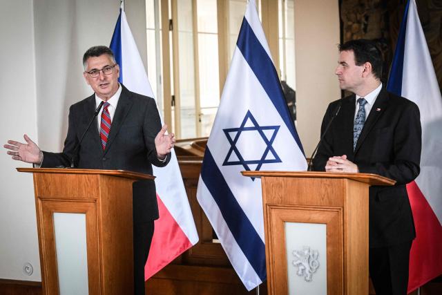 Czech Republic’s Foreign Minister Petr Macinka (R) and his Israeli counterpart Gideon Saar address a joint press conference on May 20, 2026 in Prague, Czech Republic. (Photo by Michal Cizek / AFP)