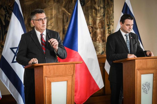 Czech Republic’s Foreign Minister Petr Macinka (R) and his Israeli counterpart Gideon Saar address a joint press conference on May 20, 2026 in Prague, Czech Republic. (Photo by Michal Cizek / AFP)