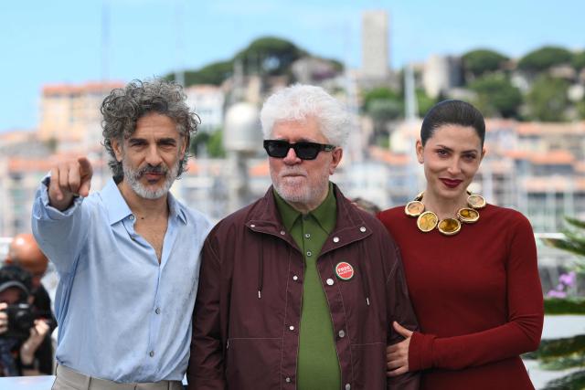 (From L) Argentine actor Leonardo Sbaraglia, Spanish director and screenwriter Pedro Almodovar and Spanish actress Barbara Lennie pose during a photocall of the film "Amarga Navidad" (Bitter Christmas) at the 79th edition of the Cannes Film Festival in Cannes, southern France on May 20, 2026. (Photo by Olivier CHASSIGNOLE / AFP)