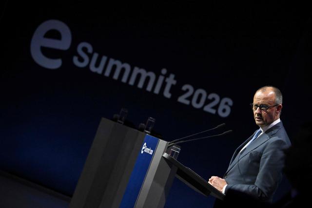 German Chancellor Friedrich Merz addresses guests to open a so-called eSummit organised by the ZVEI Association of the German electro and digital industry, in Berlin on May 20, 2026. (Photo by Tobias SCHWARZ / AFP)