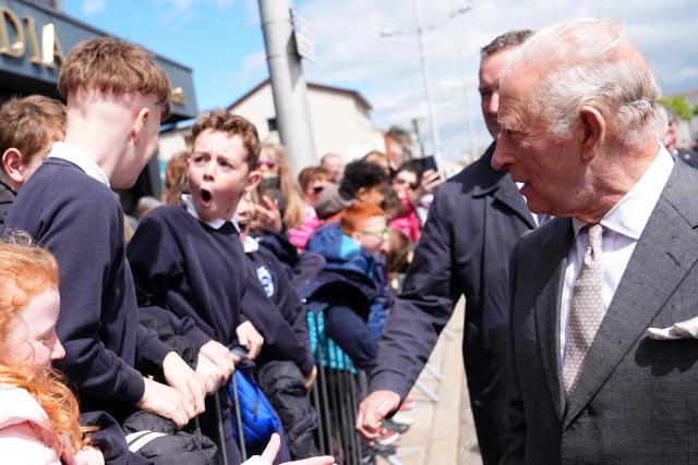 Young well-wishers react after shaking hands with Britain's King Charles III, following his visit to the Pantry Foodbank at the Donard Methodist Church in Newcastle, south of Belfast, Northern Ireland on May 20, 2026, on the second day of a three-day royal visit to Northern Ireland. (Photo by Aaron Chown / POOL / AFP)