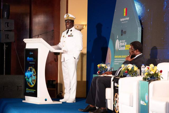 Rear Admiral Abdou Sene, Chief of Staff of the Senegalese Navy, delivers a presentation at the Senegal Space Week 2026 at a Dakar hotel on May 20, 2026. (Photo by SEYLLOU / AFP)