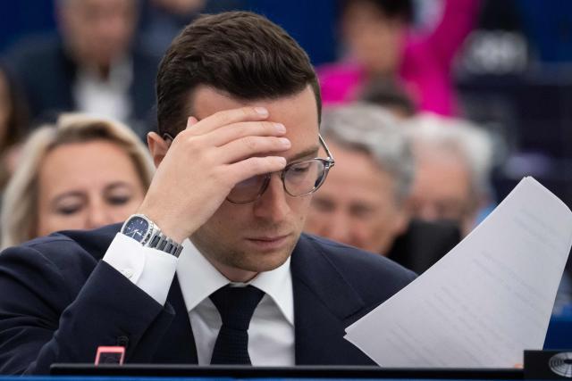 French far-right Rassemblement National RN party's President and Member of the European Parliament (MEP) Jordan Bardella takes part in a vote during a plennary session at the European Parliament in Strasbourg on May 20, 2026. (Photo by SEBASTIEN BOZON / AFP)