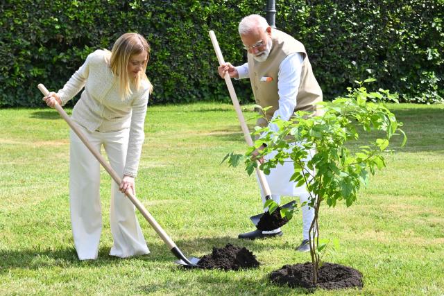 Italian Prime Minister Giorgia Meloni (L) plants a tree with Indian Prime Minister Narendra Modi (R) at Villa Doria Pamphili in Rome on May 20, 2026, as the two leaders hold bilateral talks focusing on strengthening India-Italy cooperation. (Photo by Alberto PIZZOLI / AFP)