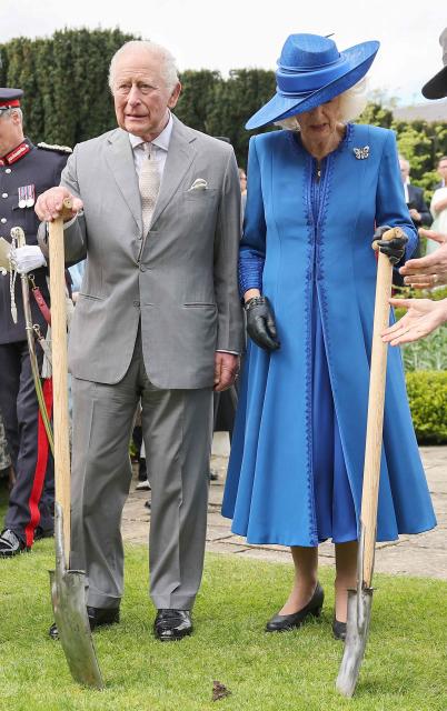 Britain's King Charles III and Britain's Queen Camilla hold shovels as they plant a Malus Royalty tree during a Garden Party at Hillsborough Castle, in Hillsborough, Northern Ireland on May 20, 2026, on the second day of a three-day royal visit to Northern Ireland. (Photo by Chris Jackson / POOL / AFP)