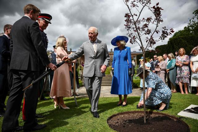 Britain's King Charles III (centre L) and Britain's Queen Camilla (C) take part in a ceremony to plant a Malus Royalty tree as they attend a garden party at Hillsborough Castle in Hillsborough, Northern Ireland on May 20, 2026, on the second day of a three-day royal visit to Northern Ireland. (Photo by Henry Nicholls / POOL / AFP)
