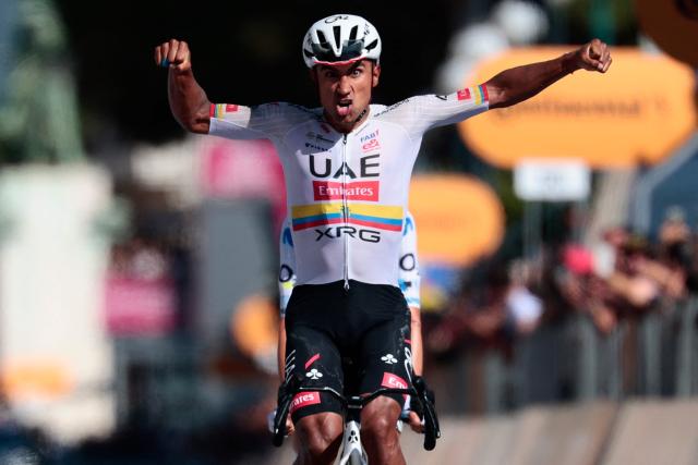 UAE Team Emirates - XRG Ecuadorian rider Jhonatan Narvaez celebrates as he crosses the finish line to win the 11th stage of the Giro d'Italia 2026 - Tour of Italy cycling race between Porcari and Chiavari, Italy, on May 20, 2026. (Photo by Luca Bettini / AFP)