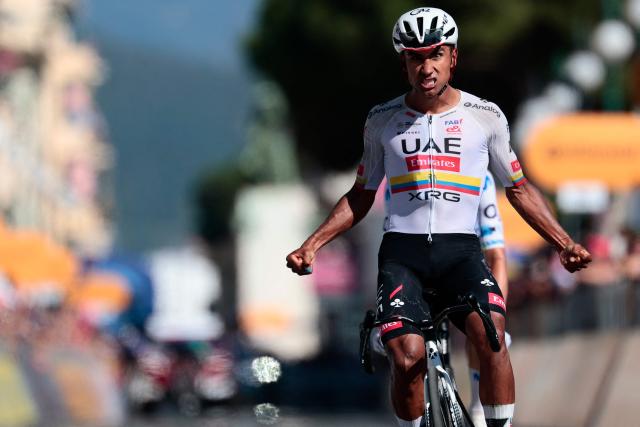 UAE Team Emirates - XRG Ecuadorian rider Jhonatan Narvaez celebrates as he crosses the finish line to win the 11th stage of the Giro d'Italia 2026 - Tour of Italy cycling race between Porcari and Chiavari, Italy, on May 20, 2026. (Photo by Luca Bettini / AFP)