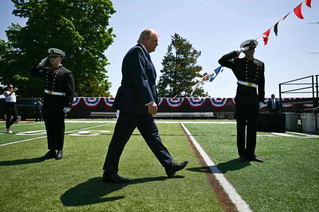 US President Donald Trump arrives to give the commencement address to the United States Coast Guard Academy's 2026 graduating class in New London, Connecticut, on May 20, 2026. (Photo by Kent NISHIMURA / AFP)