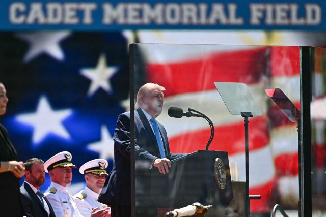 US President Donald Trump delivers the commencement address to the United States Coast Guard Academy's 2026 graduating class in New London, Connecticut, on May 20, 2026. (Photo by Kent NISHIMURA / AFP)