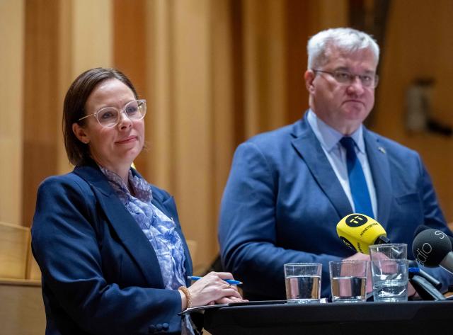 Sweden's Minister for Foreign Affairs, Maria Malmer Stenergard, and Ukraine's Minister for Foreign Affairs, Andrii Sybiha, address a press conference at the Town Hall in central Kristianstad in connection with the bilateral meeting between Sweden and Ukraine in Kristianstad, Sweden, on May 20, 2026. (Photo by Johan NILSSON / TT News Agency / AFP) / Sweden OUT