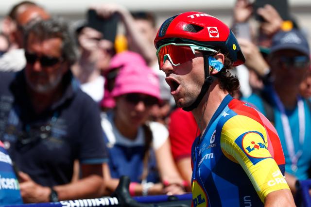 Lidl - Trek Italian rider Giulio Ciccone reacts as he prepares to compete in the 12th stage of the Giro d'Italia 2026 - Tour of Italy cycling race between Imperia and Novi Ligure, Italy, on May 21, 2026. (Photo by Luca Bettini / AFP)