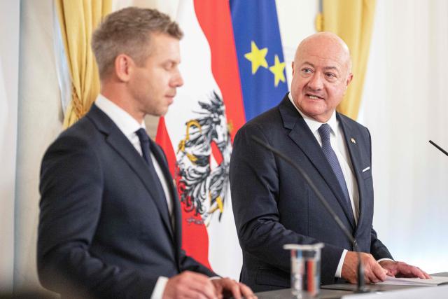 Austrian Chancellor Christian Stocker (R) and Hungarian Prime Minister Peter Magyar address a press conference during their meeting in Vienna, Austria, on May 21, 2026. (Photo by Joe Klamar / AFP)