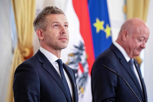 Austrian Chancellor Christian Stocker (R) and Hungarian Prime Minister Peter Magyar address a press conference during their meeting in Vienna, Austria, on May 21, 2026. (Photo by Joe Klamar / AFP)