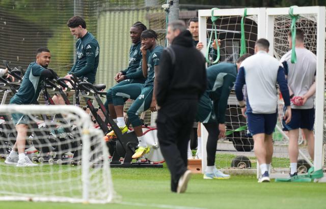 Arsenal's Brazilian striker #09 Gabriel Jesus (L), Arsenal's English midfielder #41 Declan Rice Arsenal's English midfielder #10 Eberechi Eze, Arsenal's English midfielder #20 Noni Madueke and Arsenal's Brazilian midfielder #11 Gabriel Martinelli take part in a team training session at London Colney, north of London, on May 21, 2026, as part of a media day ahead of their UEFA Champions League final football match against Paris Sain-Germain on May 30. (Photo by CARLOS JASSO / AFP)