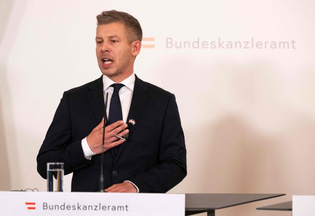 Hungarian Prime Minister Peter Magyar addresses a press conference with the Austrian Chancellor in Vienna, Austria, on May 21, 2026. (Photo by Joe Klamar / AFP)