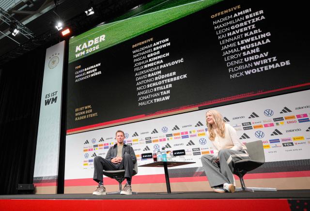 Germany's head coach Julian Nagelsmann (L) addresses a press conference to announce the German squad for the 2026 World Cup, on May 21, 2026 in Frankfurt am Main, western Germany. The tournament will take place from June 11 to July 19, 2026 in Mexico, Canada and the US. (Photo by Hannes P. Albert / AFP)