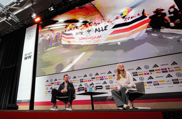 Germany's head coach Julian Nagelsmann (L) addresses a press conference to announce the German squad for the 2026 World Cup, on May 21, 2026 in Frankfurt am Main, western Germany. The tournament will take place from June 11 to July 19, 2026 in Mexico, Canada and the US. (Photo by Hannes P. Albert / AFP)