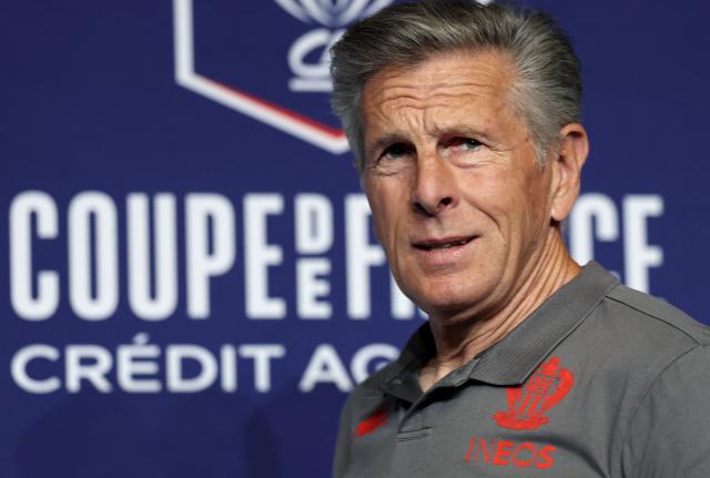 Nice's French head coach Claude Puel arrives for a press conference on the eve of the French Cup final football match between Nice (OGC) and Nantes (FC) at the Stade de France stadium in Saint-Denis, near Paris, on May 21, 2026. (Photo by FRANCK FIFE / AFP)