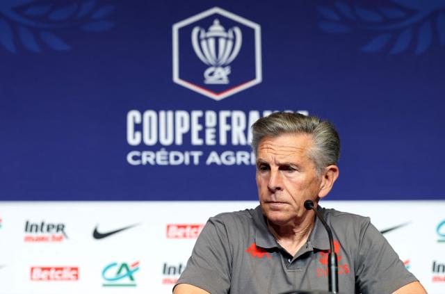 Nice's French head coach Claude Puel holds a press conference on the eve of the French Cup final football match between Nice (OGC) and RC Lens at the Stade de France stadium in Saint-Denis, near Paris, on May 21, 2026. (Photo by FRANCK FIFE / AFP)