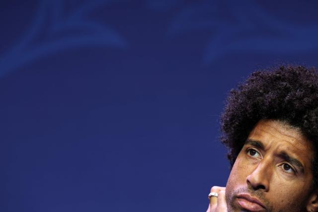 Nice's Brazilian defender #04 Dante holds a press conference on the eve of the French Cup final football match between Nice (OGC) and RC Lens at the Stade de France stadium in Saint-Denis, near Paris, on May 21, 2026. (Photo by FRANCK FIFE / AFP)
