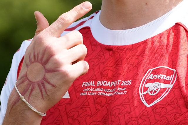 The jersey of Arsenal's Italian defender #33 Riccardo Calafiori is pictured as he takes part in a media day at London Colney, north of London, on May 21, 2026, ahead of their UEFA Champions League final football match against Paris Sain-Germain on May 30. (Photo by CARLOS JASSO / AFP)