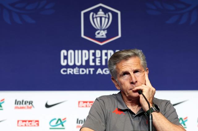 Nice's French head coach Claude Puel holds a press conference on the eve of the French Cup final football match between Nice (OGC) and RC Lens at the Stade de France stadium in Saint-Denis, near Paris, on May 21, 2026. (Photo by FRANCK FIFE / AFP)