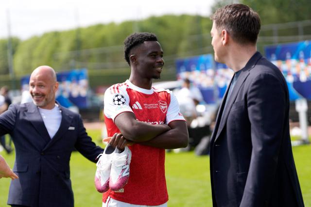 Arsenal's English midfielder #07 Bukayo Saka takes part in a media day at London Colney, north of London, on May 21, 2026, ahead of their UEFA Champions League final football match against Paris Sain-Germain on May 30. (Photo by CARLOS JASSO / AFP)