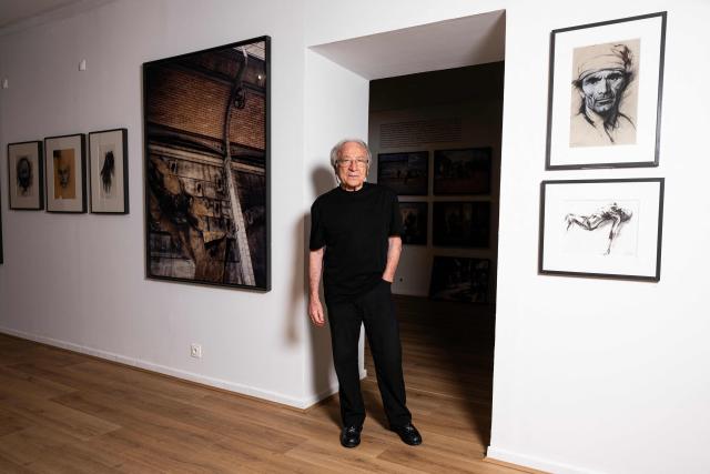French artist Ernest Pignon-Ernest poses during the press visit of his exhibition at the Ziem museum in Martigues, near Marseille, on May 21, 2026. (Photo by MIGUEL MEDINA / AFP)