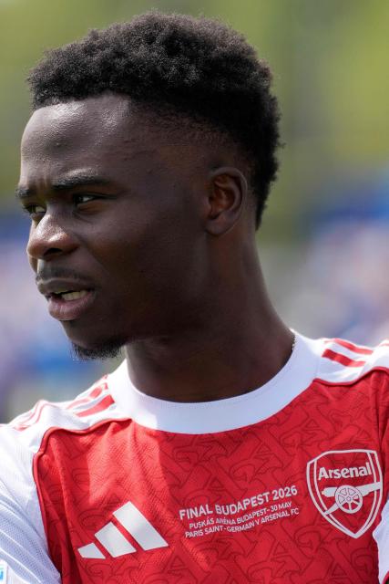 The jersey of Arsenal's English midfielder #07 Bukayo Saka is pictured as he takes part in a media day at London Colney, north of London, on May 21, 2026, ahead of their UEFA Champions League final football match against Paris Sain-Germain on May 30. (Photo by CARLOS JASSO / AFP)