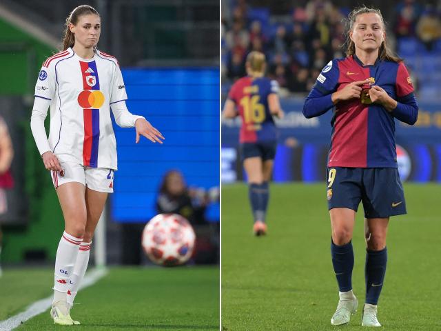 (COMBO) This combination of pictures created on May 21, 2026 shows
Lyon's German midfielder #29 Jule Brand (L) during the UEFA Women's Champions League Quarter final First Leg football match VfL Wolfsburg v Olympique Lyonnais (OL) in Wolfsburg, northern Germany, on March 24, 2026 and Barcelona's Spanish forward #09 Claudia Pina during the UEFA Women's Champions League quarter-final second-leg football match between FC Barcelona and VfL Wolfsburg at the Estadi Johan Cruyff in Barcelona, on March 27, 2025.. Barcelona face Olympique Lyonnais (OL) in the UEFA Women's Chanmpions League final in Oslo on May 23, 2026. (Photo by RONNY HARTMANN and MANAURE QUINTERO / AFP)