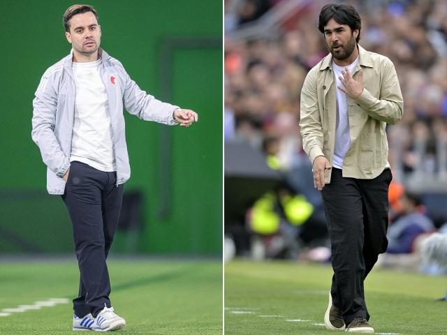 (COMBO) This combination of pictures created on May 21, 2026 shows
Lyon's Spanish coach Jonatan Giraldez (L) in Wolfsburg, northern Germany, on March 24, 2026 and Barcelona's Spanish coach Pere at Camp Nou Stadium in Barcelona on May 3, 2026.. Barcelona face Olympique Lyonnais (OL) in the UEFA Women's Chanmpions League final in Oslo on May 23, 2026. (Photo by RONNY HARTMANN and MANAURE QUINTERO / AFP)