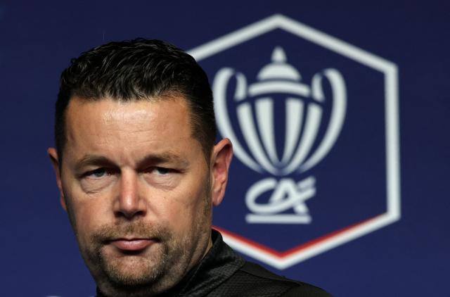 Lens' French head coach Pierre Sage gives a press conference on the eve of the French Cup final football match between OGC Nice and RC Lens at the Stade de France in Saint-Denis on May 21, 2026. (Photo by FRANCK FIFE / AFP)