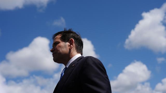 US Secretary of State Marco Rubio speaks to the press before boarding his plane at Homestead Air Reserve Base on May 21, 2026 in Homestead, Florida. Rubio is traveling to a NATO foreign ministers meeting in Sweden. (Photo by Julia Demaree Nikhinson / POOL / AFP)