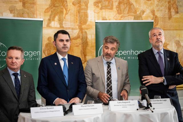 Australia's Minister for Climate Change and Energy Chris Bowen, Turkey's Minister of Environment and Urban Planning Murat Kurum, Danish Minister for Climate, Energy and Utilities Lars Aagaard, and COP30 President Andre Correa do Lago, address a press conference during the Copenhagen Climate Ministerial in Copenhagen on 21, 2026. The Copenhagen Climate Ministerial meeting takes place from May 20 to 21 in preparation of the 2026 United Nations Climate Change Conference (COP31) scheduled for November 2026 in Antalya, Turkey. (Photo by Sebastian Elias Uth / Ritzau Scanpix / AFP) / Denmark OUT