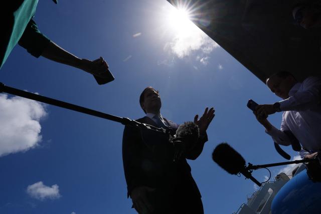 US Secretary of State Marco Rubio speaks to the press before boarding his plane at Homestead Air Reserve Base on May 21, 2026 in Homestead, Florida. Rubio is traveling to a NATO foreign ministers meeting in Sweden. (Photo by Julia Demaree Nikhinson / POOL / AFP)