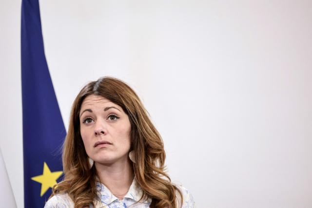 France's Government Spokesperson and junior Minister for Energy and Digital economy Maud Bregeon attends a press conference focusing on the consequences of the war in Iran and to announce "measures to support economic activity", at the Hotel Matignon Prime minister residence in Paris on May 21, 2026. (Photo by STEPHANE DE SAKUTIN / AFP)
