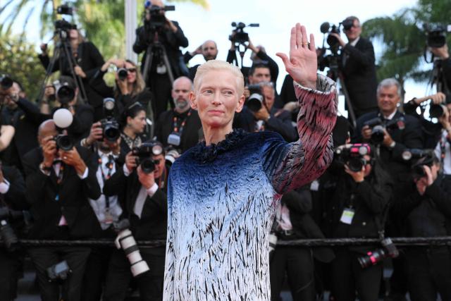 British actress Tilda Swinton arrives for the screening of the film "La Bola Negra" at the 79th edition of the Cannes Film Festival in Cannes, southern France on May 21, 2026. (Photo by Olivier CHASSIGNOLE / AFP)