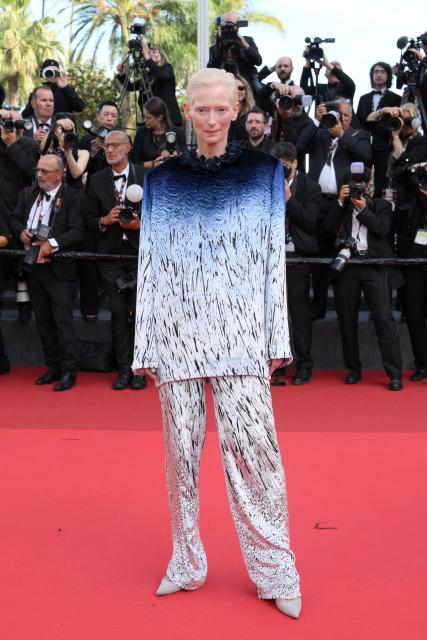 British actress Tilda Swinton arrives for the screening of the film "La Bola Negra" at the 79th edition of the Cannes Film Festival in Cannes, southern France on May 21, 2026. (Photo by Olivier CHASSIGNOLE / AFP)
