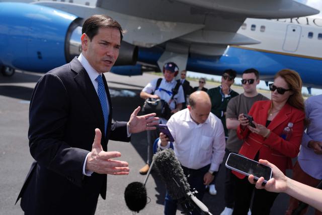 US Secretary of State Marco Rubio speaks to the press before boarding his plane at Homestead Air Reserve Base on May 21, 2026 in Homestead, Florida. Rubio is traveling to a NATO foreign ministers meeting in Sweden. (Photo by Julia Demaree Nikhinson / POOL / AFP)