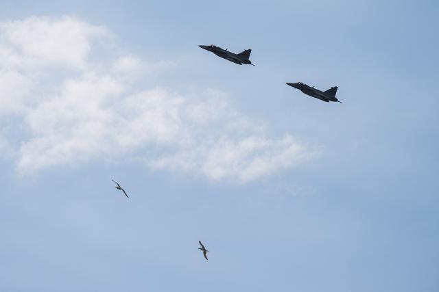 Swedish Air Force Saab Gripen fighter jets fly over Helsingborg, Sweden, on May 21, 2026, during the Meeting of NATO Ministers of Foreign Affairs taking place on May 21-22. NATO foreign ministers gather in Helsingborg on May 21-22 for talks focused on security, defence cooperation and regional stability. (Photo by Jonathan NACKSTRAND / AFP)