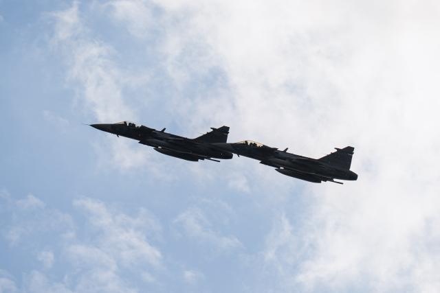 Swedish Air Force Saab Gripen fighter jets fly over Helsingborg, Sweden, on May 21, 2026, during the Meeting of NATO Ministers of Foreign Affairs taking place on May 21-22. NATO foreign ministers gather in Helsingborg on May 21-22 for talks focused on security, defence cooperation and regional stability. (Photo by Jonathan NACKSTRAND / AFP)