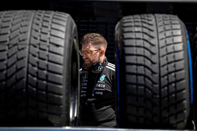 A Mercedes pit crew member prepares ahead of the 2026 Formula 1 Grand Prix du Canada at Circuit Gilles-Villeneuve in Montreal, Canada, on May 21, 2026. (Photo by ANDREJ IVANOV / AFP)