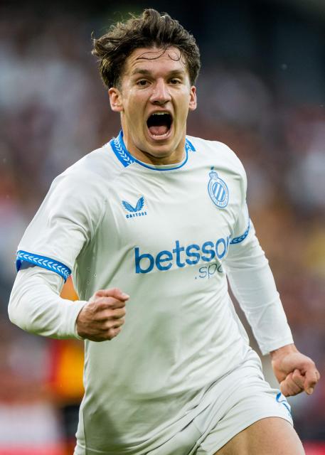 Club Brugge's Greek forward #08 Christos Tzolis celebrates scoring during the Belgian "Pro League" First Division football match between KV Mechelen and Club Brugge at Achter De Kazerne stadium in Mechelen on May 21, 206. (Photo by JASPER JACOBS / BELGA / AFP) / Belgium OUT
